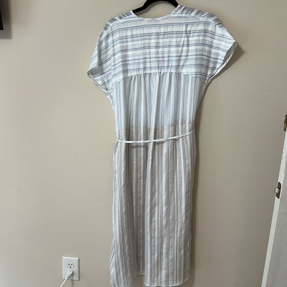NWT Vince Womens Dress White Blue Drapey Stripe Shirred Short Sleeve Midi $375 - Picture 11 of 11